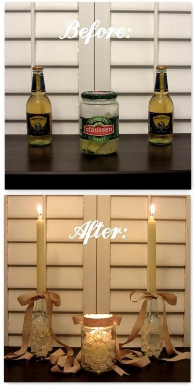 Linen, Lace, & Love: DIY: Beer Bottle Candle Stick Holders and Pickle Jar Votive
