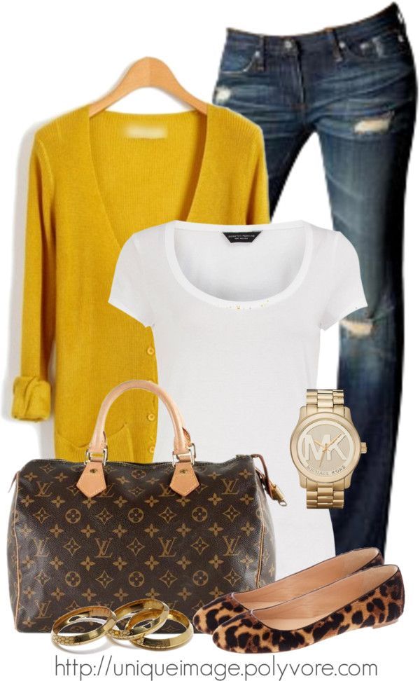 Love the simplicity of this. White tee, skinny jeans, mustard cardigan, classic