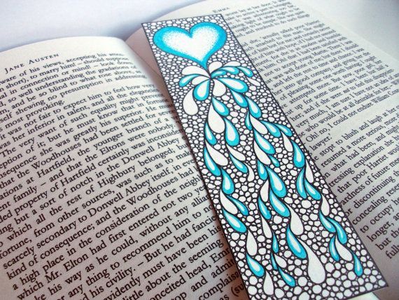 Original Art Bookmark, Heart Illustration, Valentines Gift Idea, Zentangle Inspi