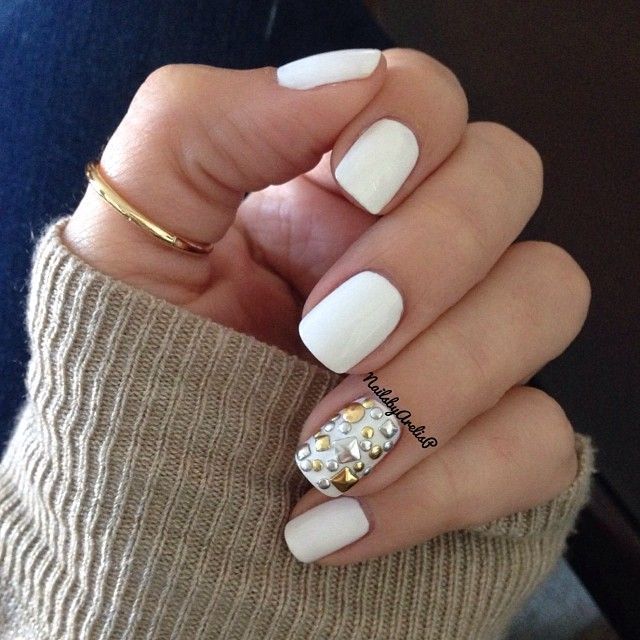 pretty white nails w cute thumb ring