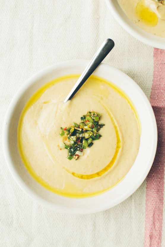 Roasted Cauliflower Soup with Scallion Kimchee// Not Without Salt