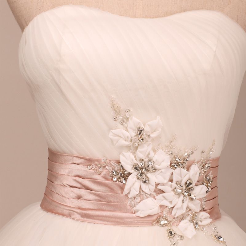 Scoop neckline princess A-line wedding dress with colored belt