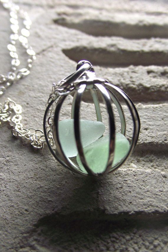 Sea Glass Necklace – Love Birds —- Cage Locket Jewelry