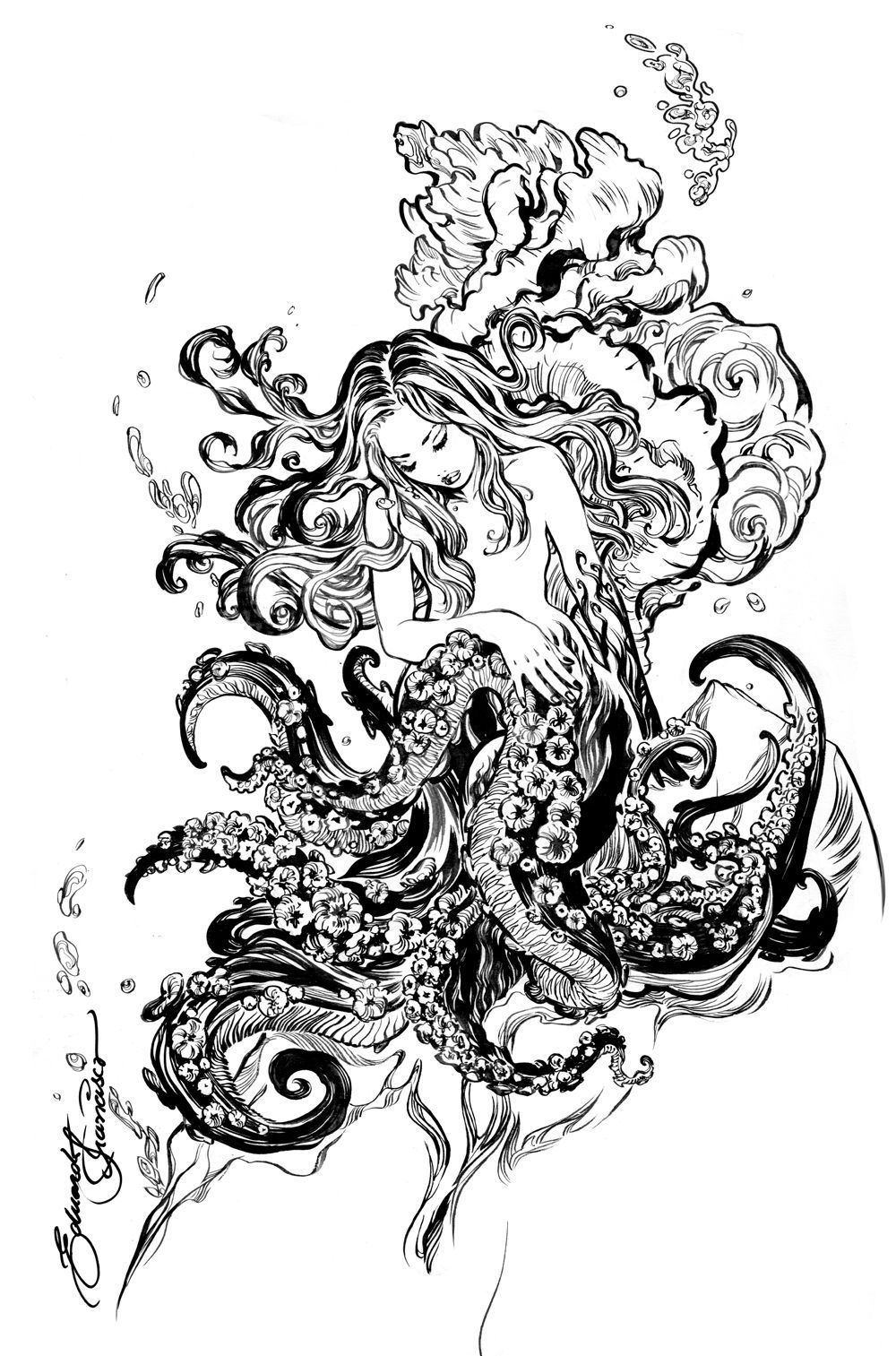 Seashell octopus woman tattoo inspiration