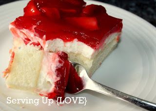 Strawberry Cream Cake ~ white cake mix, bake and cool; combine cream cheese and