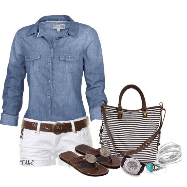 summer outfit; love the white shorts with dark tan shoes