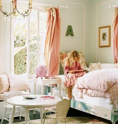 the painted bed effect, the curtains…the fluffy bedding at the end…everythin