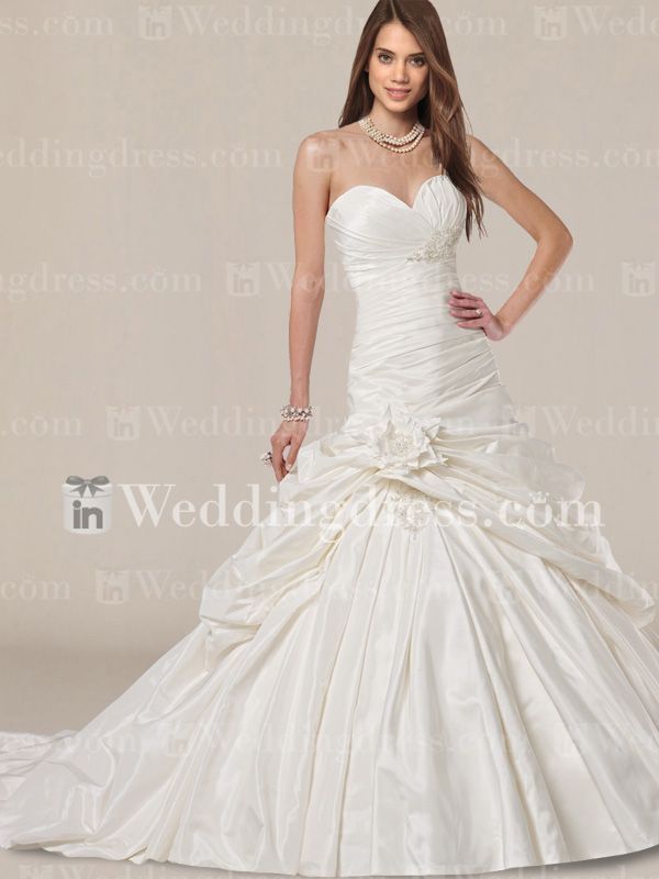 Unique Taffeta Drop Waist Ball Gown Wedding Dress with Flower DE040N