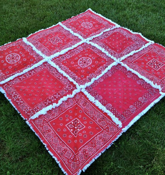 Upcycled Vintage Red Bandana Rag Quilt Picnic Blanket