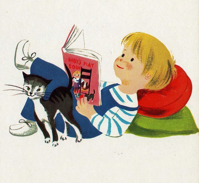 Vintage children’s book illustration – boy and cat reading