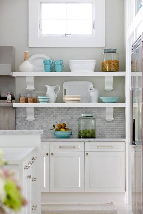 white kitchen cabinets with grey countertops (go darker than these) and light gr