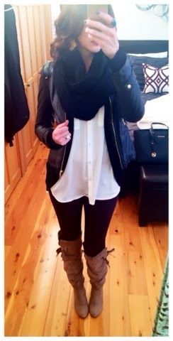 Winter outfit – black outfit with brown boots, layered tops, and an infinity sca