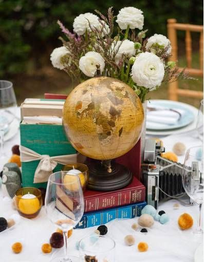 Centerpieces will consist of stacks of vintage books, a mini globe, an antique v