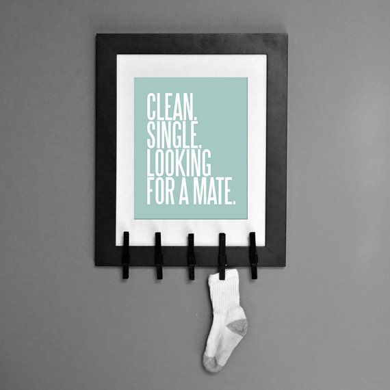 Clean. Single. Looking For a Mate. Fun Laundry Room Art helping socks find love.