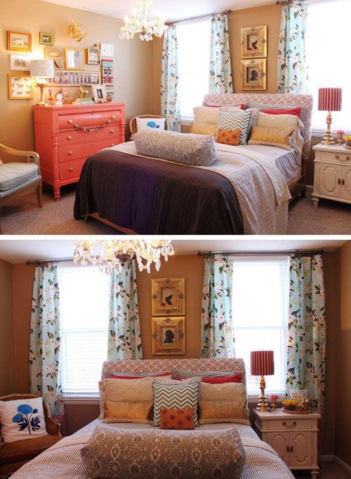 Funky bedroom- lots of color. Love the huge bolster pillow, patterned drapes, co