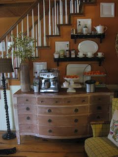 i really love this idea for an in-home coffee bar! Olive greens and darker woods