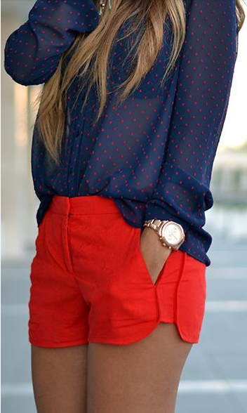 Navy + red. love the sheer polka dot shirt and the retro looking shorts