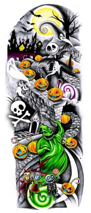 Nightmare before christmas tattoo sleeve design. I would add sally sitting on th