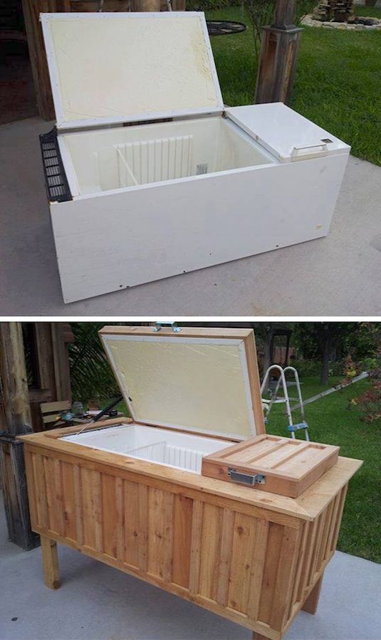 Old fridge turned into an oudoor ice chest. So cool  – – – especially love the p