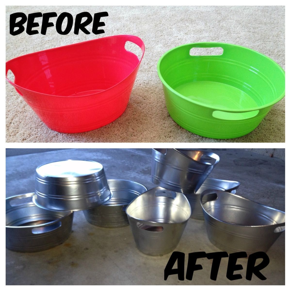 Take plastic bins from the dollar store and upgrade them using metallic spray pa