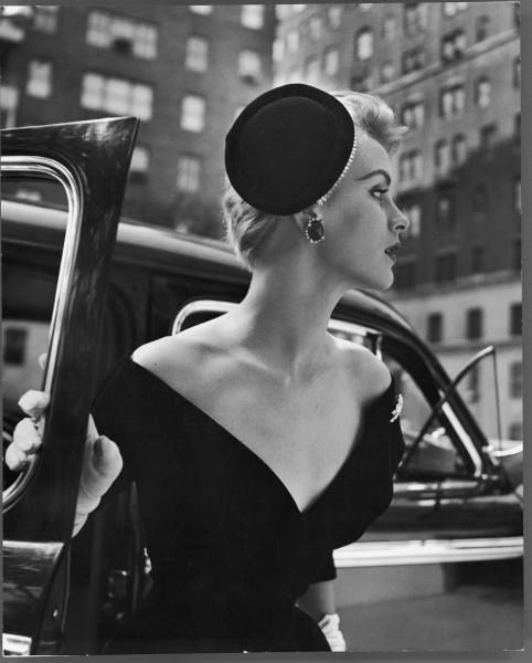 Vintage fashion photography ~ Black V neck dress with coordinating black hat