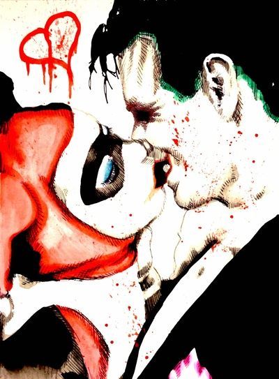 Joker Harley Quinn Kiss watercolor Art Print