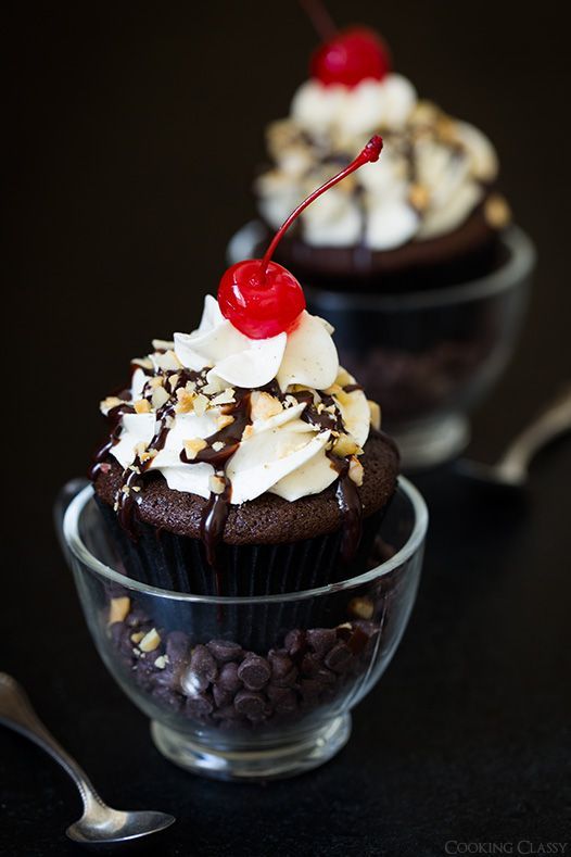 Hot Fudge Sundae Cupcakes – decadent chocolate cupcakes topped with fluffy vanil