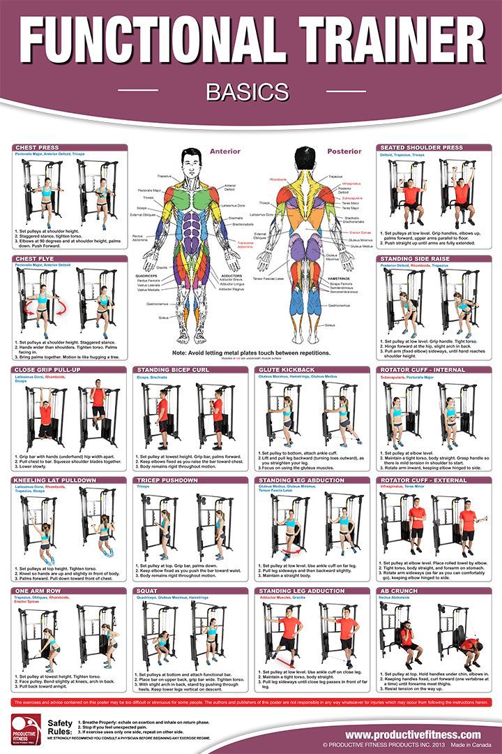 This poster features 16 basic exercises that can be done on a functional trainer