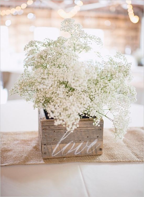 Another great example of Babys Breath in a chic wedding. Simple wooden boxes wit