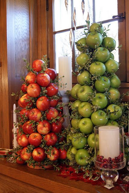 Apple Topiary/Tree in the kitchen. Many ideas for Christmas decorations, gift wr