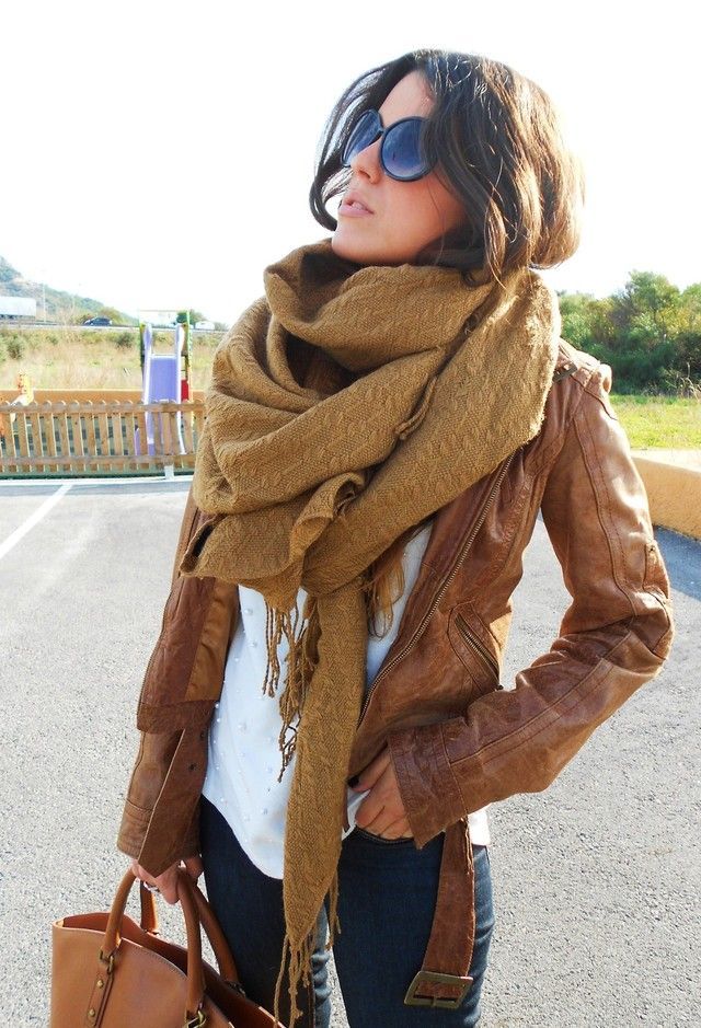 brown Leather Jacket scarf sunglasses white shirt handbag jeans fall women cloth