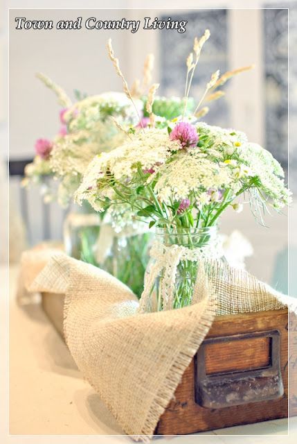 field flowers in Ball jars, linen and lace, rustic drawer || Town and Country Li