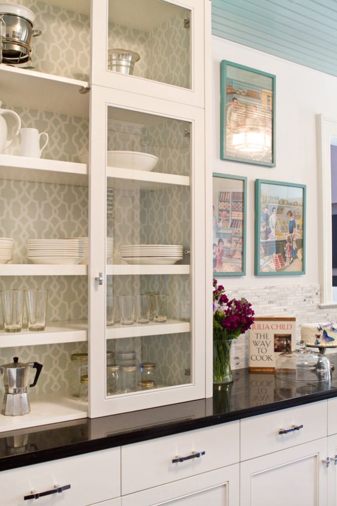 I am in love with everything about this kitchen! The blue/aqua ceiling, wallpape