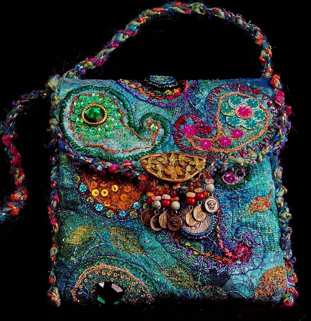 Infamous Paisley Purse. Collage fabric background with felted, embroidered, bead