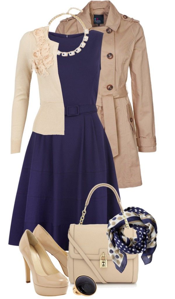 Khaki & navy outfit. I really like all these pieces, especially the dress & the