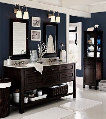 Navy walls contrast with basic dark wood and white in this master bath. Such a g