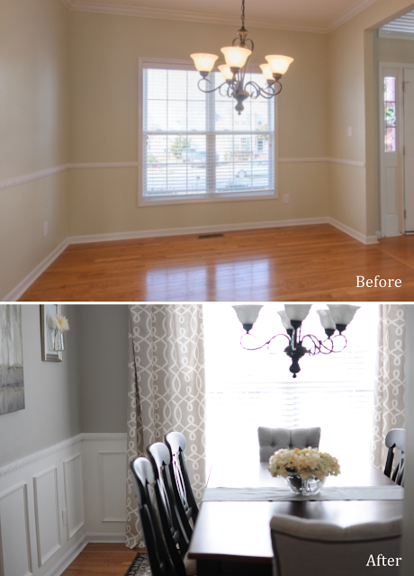 Nice impact in a dining room – DIY wainscoting and extra tall curtains.