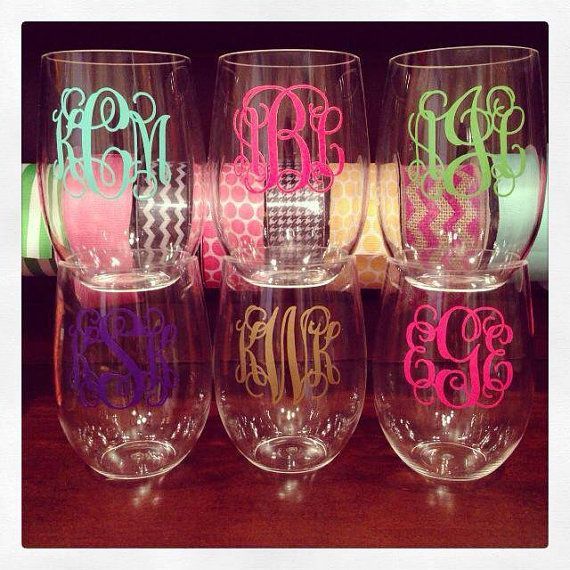 Personalized acrylic stemless wine glass. Great bridesmaid gifts.