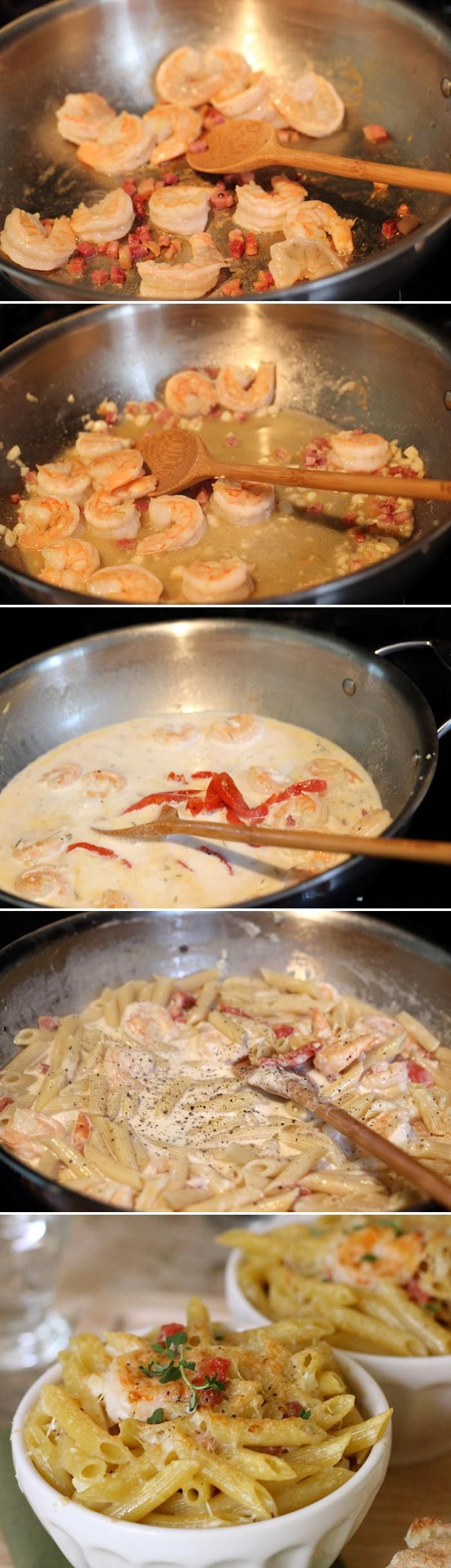 Rustic penne shrimp pasta in a parmesan cream sauce. Can be done with chicken to