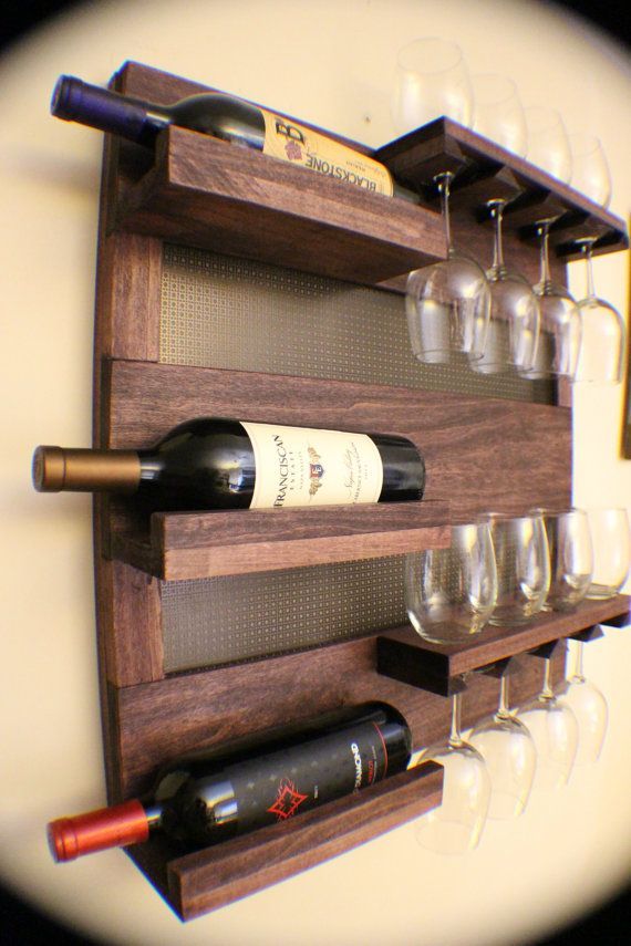 Stunning Dark Cherry Stained Wall Mounted Wine Rack with Shelves and Decorative