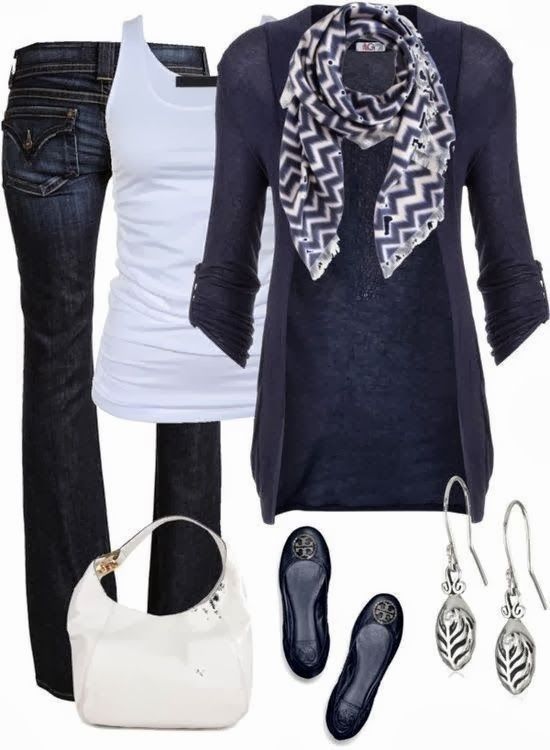 Stylish cardigan, scarf, white blouse, jeans, white handbag and slippers for fal