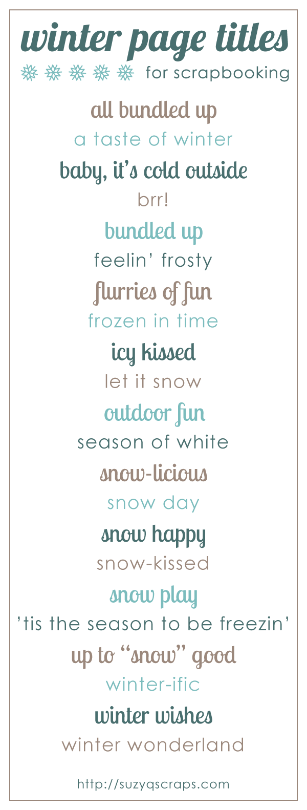 Winter scrapbook page titles – would work for treasury titles or blog titles as
