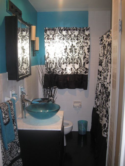 Black, white and turquoise beauty, Fairly small full bath that now has a wow fac