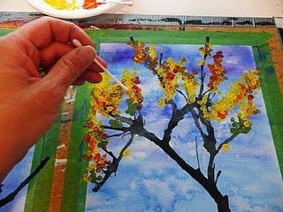 Blown ink trees and q tip paint leaves – Great fall project/ 2nd grade
