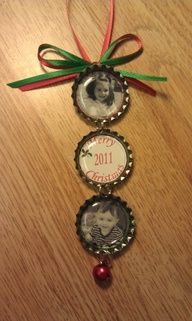 Bottle cap ornaments with kids pictures ~or~ first ornament for first christmas