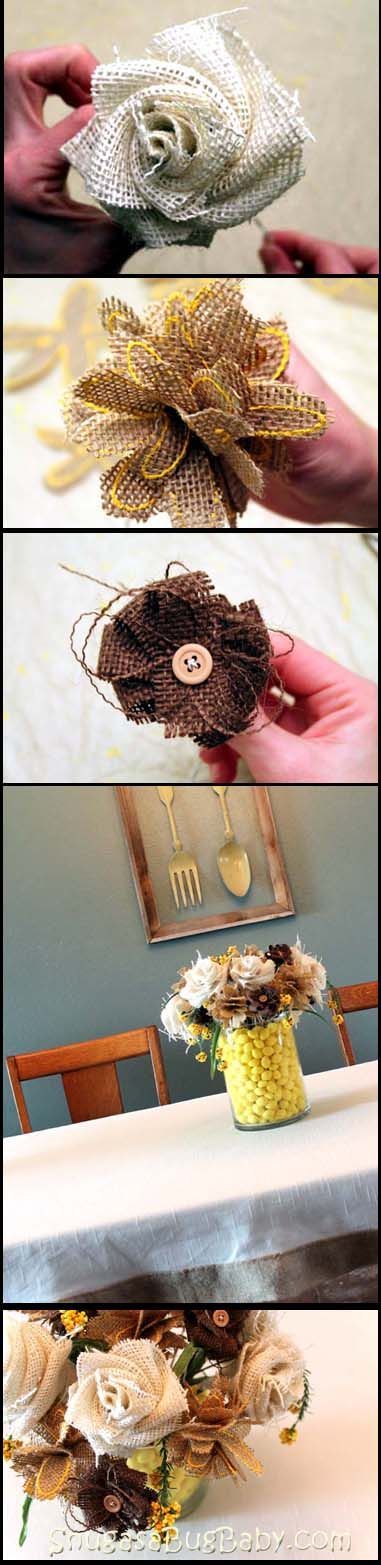 burlap flowers–Great idea for boutonnieres and corsages for groomsmen, ushers,