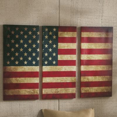 Country home decor, the american flag in a tryptic split.