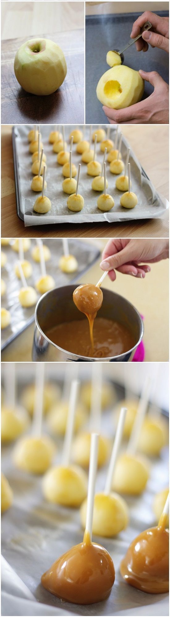 DIY Mini Caramel Apples – like cake pops–they’re adorable and the smaller po