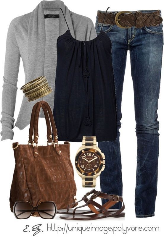 Fall Outfit With Grey Cardigan and Blue Jeans