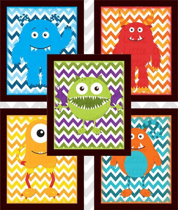 INSTANT DOWNLOAD – Set of 5 Monster Mania Printable Wall Art Nursery Kids Room D